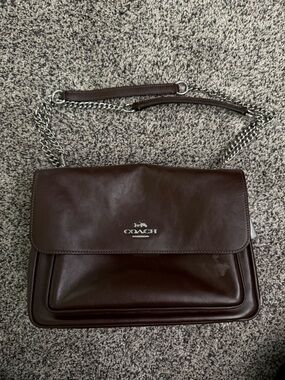 Coach Dark Brown Leather Crossbody with Silver Chain